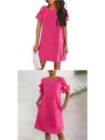 Verano para mujer, manga corta, corte A, mini vestido de playa informal con cuello redondo - details 3