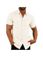 Algodón Lino Venta caliente Camisas de manga corta para hombres Verano Color sólido Cuello vuelto Estilo de playa informal Tallas grandes - details 5