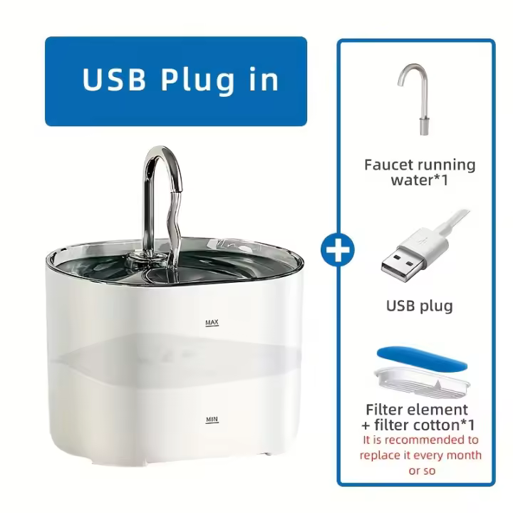 Fuente de agua para gatos de circulación automática, dispensador de agua para gatos con recarga USB, boquilla de acero inoxidable y Ultra, 2,2 L, 1 unidad - 1