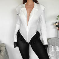 BUNO-Traje de encaje a la moda, mono, chaqueta para mujer, Top de cuerpo con cuello en V, cárdigan Sexy ajustado de manga larga, ropa de calle, peleles negros para mujer, nuevo - details 21