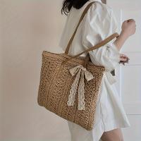Bolso de Paja Chic Boho Gran Capacidad, Bolso de Playa de Verano con Cierre de Cremallera, Liner de Poliéster, Khaki/Ivory - details 1