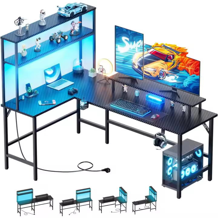 Gaming LED 150 x 100 cm, Escritorio Gaming en L con Enchufes y Puertos USB, Escritorio Esquinero con Estanteria - 1