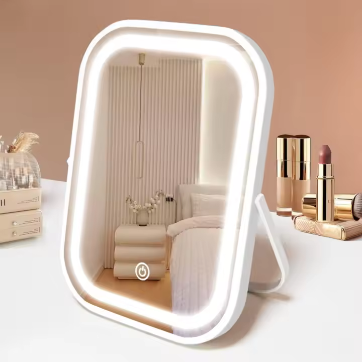 YEKKOPT Espejo de tocador LED de belleza pequeño portátil para maquillaje de viaje con luces, batería de 1200 mAh, pantalla táctil regulable, mesa - 1