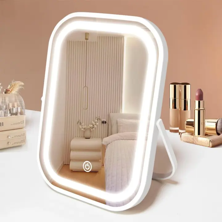 YEKKOPT Espejo de tocador LED de belleza pequeño portátil para maquillaje de viaje con luces, batería de 1200 mAh, pantalla táctil regulable, mesa - 1