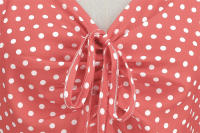 Elegante vestido midi de fiesta con estampado de lunares, manga corta abullonada, cuello en V y corte en A para mujer, ideal para el verano. - details 12