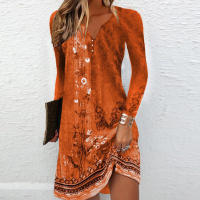 Vestido Largo Manga Completa Impresión Vintage Para Mujer Moda Otoño/E Invierno Cuello V Estilo Casual Ajuste Natural Talla Grande - details 4