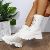 Botas de cuero de imitación de fondo grueso para mujer, Zapatos de tacón grueso Blanco, Otoño e invierno - details 10