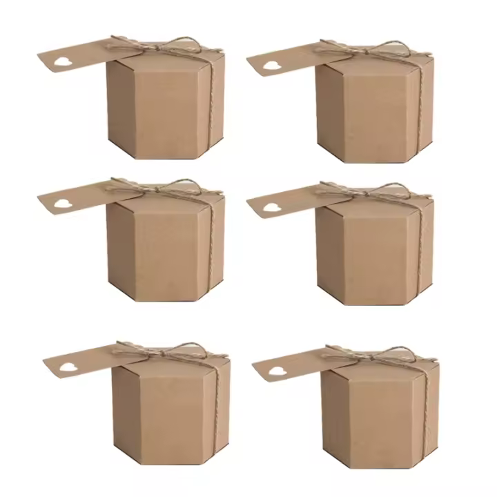 Caja de dulces de papel Kraft de 50 piezas, caja de regalo de cartón Hexagonal, con hilo y etiqueta, suministros para fiestas de boda - 1