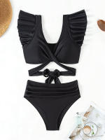 Bikini de cintura alta para mujer, traje de baño con volantes y cordones, conjunto de Bikini Sexy con Tanga, ropa de playa de verano - details 3