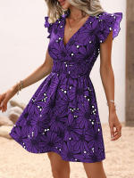 Vestido corto con estampado Floral para mujer, minivestido informal con manga con volantes, color morado - details 2