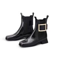 Botas de cuero y tobillo impermeables con punta cuadrada y hebilla de metal para mujer - details 0