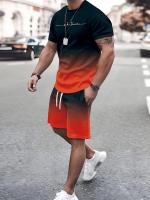 Hombres de dos piezas de color degradado monograma traje casual cuello redondo camiseta de manga corta con pantalones cortos de moda y cómodo - details 3