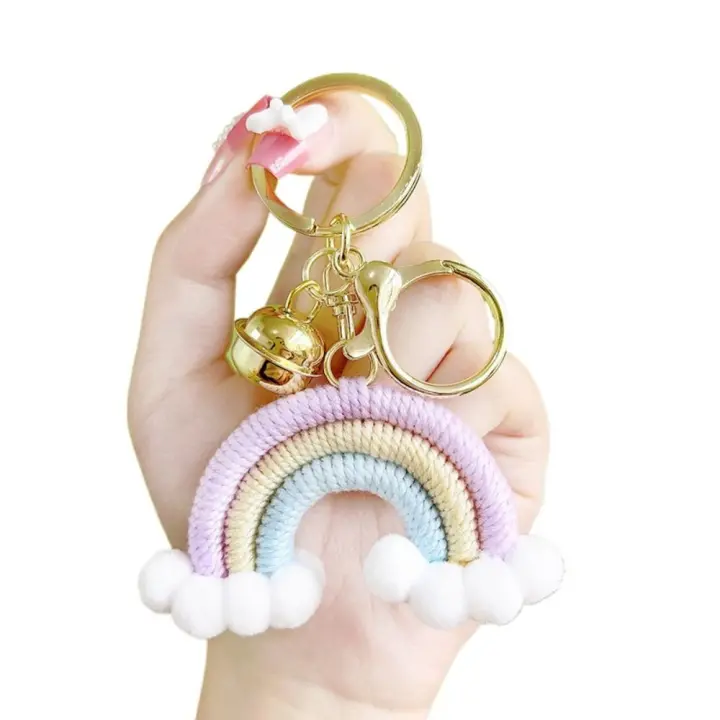 LLavero de arcoíris de tres colores con forma de corazón para niña, llavero tejido hecho a mano con nube bohemia, llavero de arcoíris de punto bonito y duradero, regalos - 1