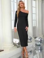 Maxivestido de punto con hombros descubiertos para mujer, vestido elegante de lujo con abertura, Color sólido, Bodycon, manga larga - details 16