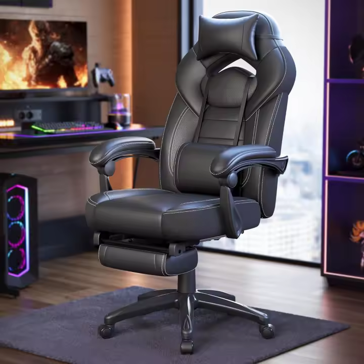 Silla de Oficina con reposapiés telescópico - Reposacabezas Ajustable - Soporte Lumbar - Carga máxima 150 kg - Negro - 1