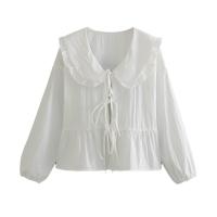Camisa informal lisa con cordones para mujer, blusa de oficina que combina con todo, cuello redondo, dobladillo con volantes - details 4