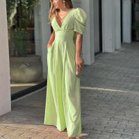 Mono Elegante De Cintura Alta Para Mujer, Cuello En V, Ajustado, Estilo De Oficina, Sólido, Verano - details 7