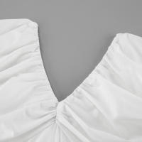 Vestido Xiaoxiangfeng de algodón y lino con cuello en V, manga abullonada y lazo, nuevo para otoño e invierno, versátil, de color blanco sólido. - details 14