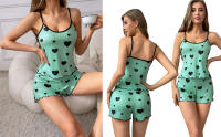 Conjunto de pijama de verano para mujer, Tops con cuello Halter y pantalones cortos con estampado de corazones, ropa de dormir para el hogar - details 3