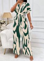Mono con estampado de cuello en V para mujer, pantalones de pierna ancha informales, manga de murciélago, trajes de una pieza - details 21