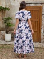 2025 nuevo estampado de manga corta con cuello en V con cintura adelgazante y falda larga con vuelo grande para mujer - details 5