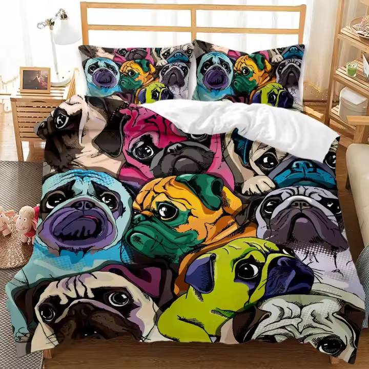 Conjunto de Funda de Edredón de Dibujos Animados de Pug Tamaño de Cama Rey/Reina - 1