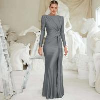 Vestido Formal Ocn para mujer, elegante vestido gris con cuello redondo y manga larga con pliegues y cintura alta, vestido de fiesta de noche - details 1