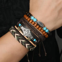 Conjunto de 6 pulseras boho madera cuentas vintage cabeza de toro ojos plumas multicapa artesanales regalos para hombre - details 4