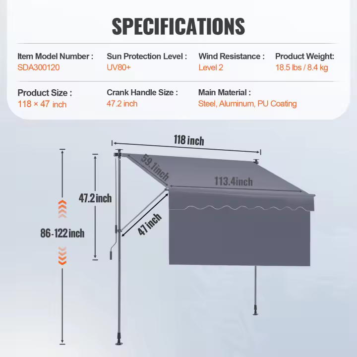 SucceBuy Toldo retráctil manual, parasol para exteriores, poliéster resistente al agua, toldo para puerta y ventana de patio con manivela para patio trasero y balcón - 1