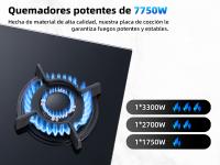 Campana de Gas de Vidrio WEHIMO de 3 Burneros 59 cm, 7750 W, 3 Zonas de Cocina, Adecuada para Todas las Ollas Instalación Integrada, Control de Pomo - details 2