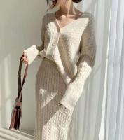 Elegante Conjunto de Falda de Punto Ouwu para Mujer Cardigan de Color Sólido, Cintura Alta, Ajuste Hip, 2 Piezas - details 2