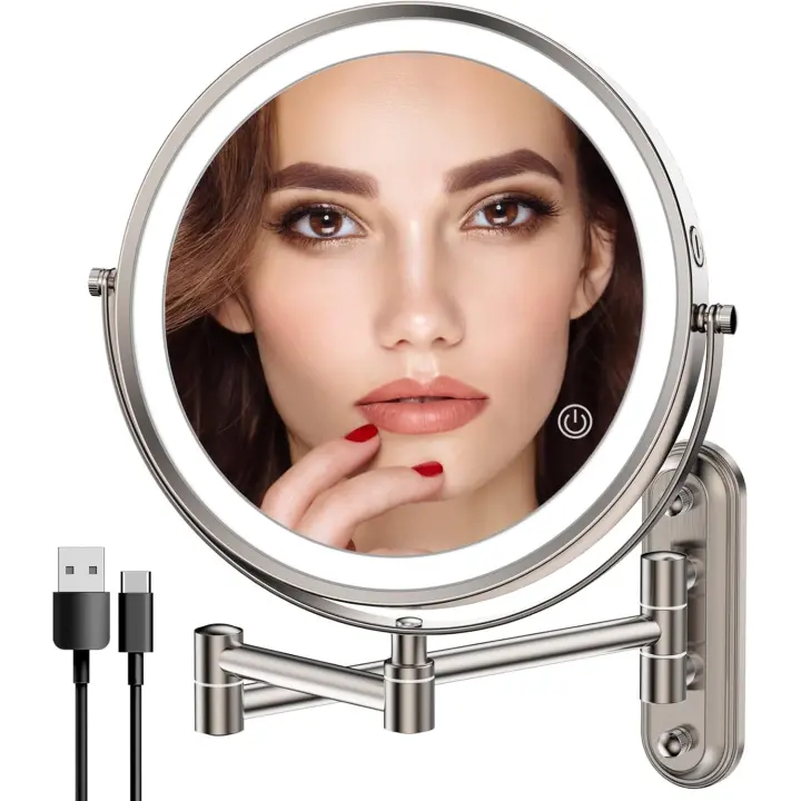 Rocollos Espejo de maquillaje iluminado montado en la pared recargable con base estrecha de dos dedos de ancho, pantalla táctil regulable con luces de 3 colores, 8 - 1