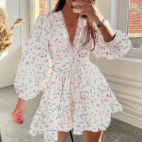 Ropa de mujer europea y americana nuevo temperamento dulce impresión con cuello en v cintura de encaje vestido corto - details 15