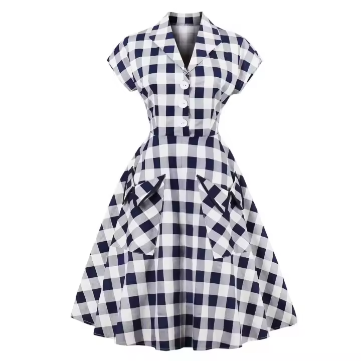 Vestido Elegante Midi de Algodón con Cremallera Retro Estilo Pinup Vintage para Mujeres - 1