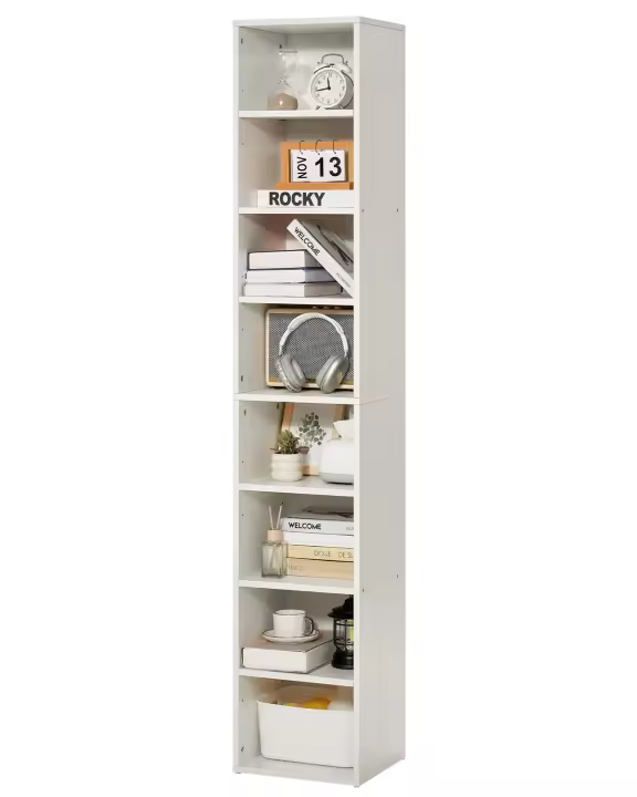 SucceBuy Estantería estrecha de 8 niveles - Librería abierta alta de madera de 71 pulgadas. Características Altura - Estante ajustable - 1