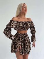 Conjunto de Pijama de Patrón de Leopardo para Mujeres Marthaqiqi Cuello Redondo Barco, Manga Larga, Shorts, Camisola - details 3