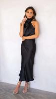 Elegante Vestido Largo de Satén de Color Sólido Cuello Halter sin Mangas Ideal para Fiestas - details 13