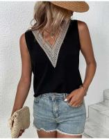 Blusa de encaje Parchwork para mujer, camiseta holgada con agujeros para verano, ropa de calle informal, Top sin mangas con cuello en V Lac - details 6