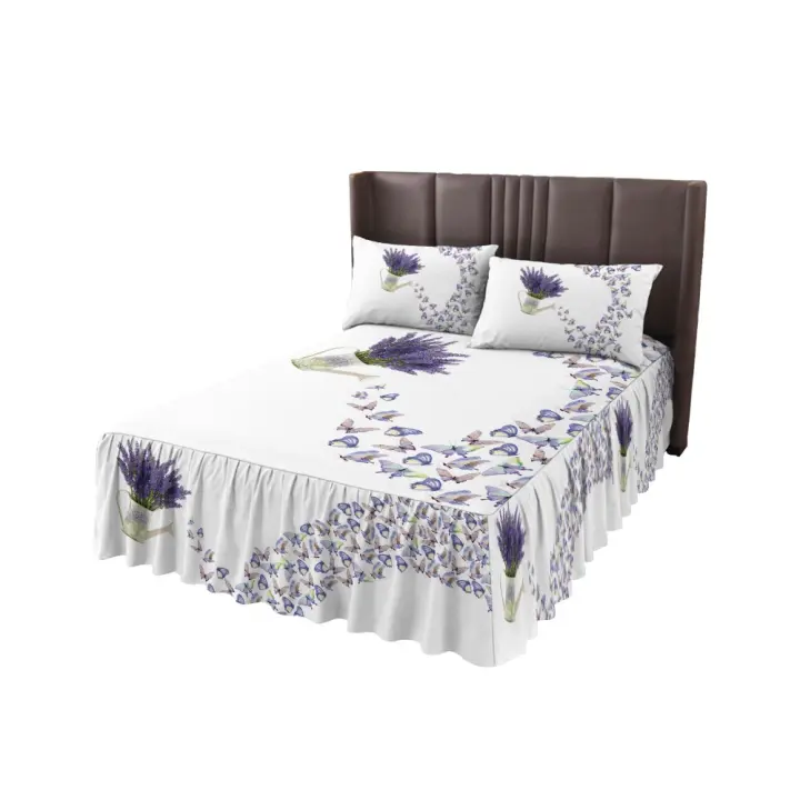 Colcha elástica ajustada con funda de almohada, conjunto de ropa de cama con falda de mariposa, lavanda, flor violeta - 1