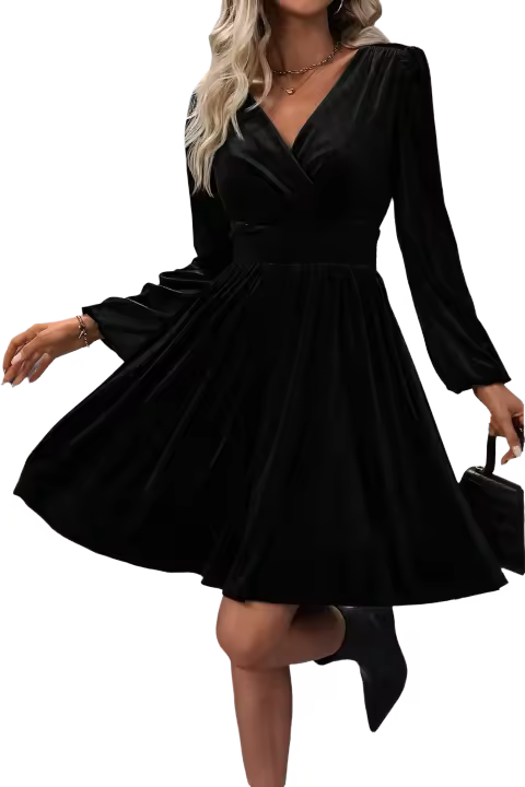 Elrachen Mini vestido de terciopelo con sobrepelliz y cintura alta para mujer, negro, tallas S-XL - 1
