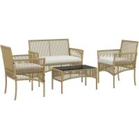 Juego de muebles de terraza de ratán de 4 piezas con 1 sofá de 2 plazas, 2 sillones, cojines y 1 mesa de centro de vidrio para patio, color natural y beige. - details 0