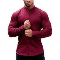 Camisa casual deportiva de manga larga para hombre, color sólido, delgada, ligeramente elástica, con botones - details 14