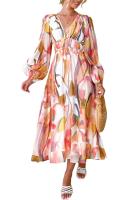 "Vestido Largo Bohemio Mujer 2025- Escote V Estampado Floral, Talle Alto, Mangas Largas, Moda Verano Boho Chic, Vestidos Hippies Elegantes para Festivales, Playa o Diario |   Envío Rápido Miravia" - details 5