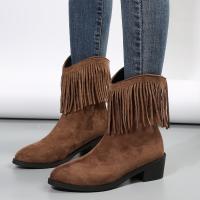 Nuevo Botas Retro de gamuza con borlas para mujer, botas a la moda con punta redonda y tacón grueso, botas cortas ajustadas de vaquero occidental - details 4