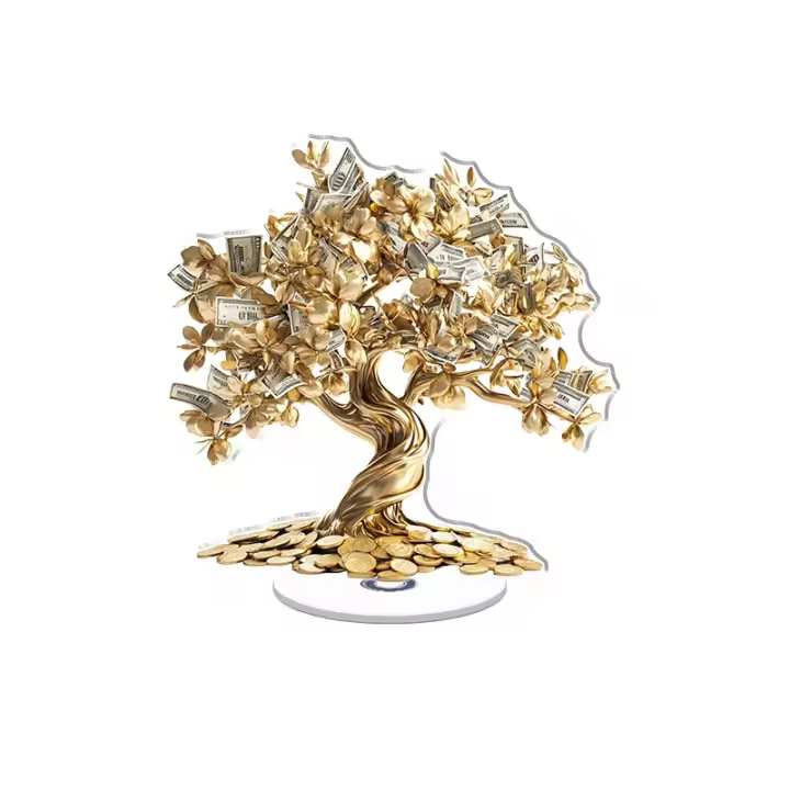 Exhibición acrílica giratoria con un árbol de dinero ultrarealista elaborado con monedas de oro y billetes de dólar con colores vibrantes y detalles intrincados. - 1