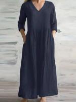 Vestidos sueltos de algodón de lino, novedad de primavera y otoño de 2024, vestido informal de media manga larga con cuello en V, vestido de estilo sencillo para mujer - details 3
