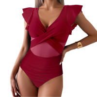 New Clashing One-piece Swimming Costume Small Fly Sleeve Bikini Women Quick Dry Sports Deep V Cross Hollow One-piece Swimsuit - details 12