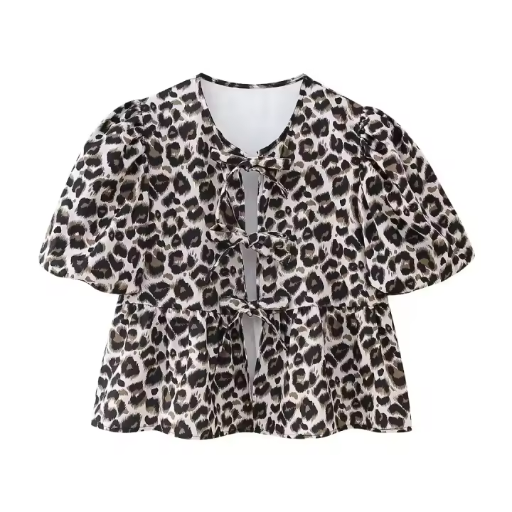 - Top informal holgado con estampado de leopardo y mangas sueltas para mujer, encaje redondo n, ropa de calle - 1
