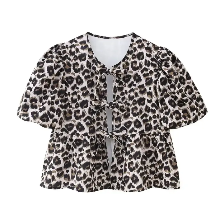 - Top informal holgado con estampado de leopardo y mangas sueltas para mujer, encaje redondo n, ropa de calle - 1