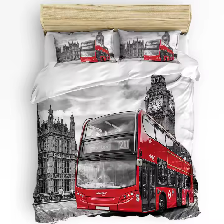 Juego de Ropa de Cama de London Street Red Bus Big Ben Funda de Edredón y Funda de Almohada Personalizada Material de Poliéster Tamaño de Cama Doble - 1